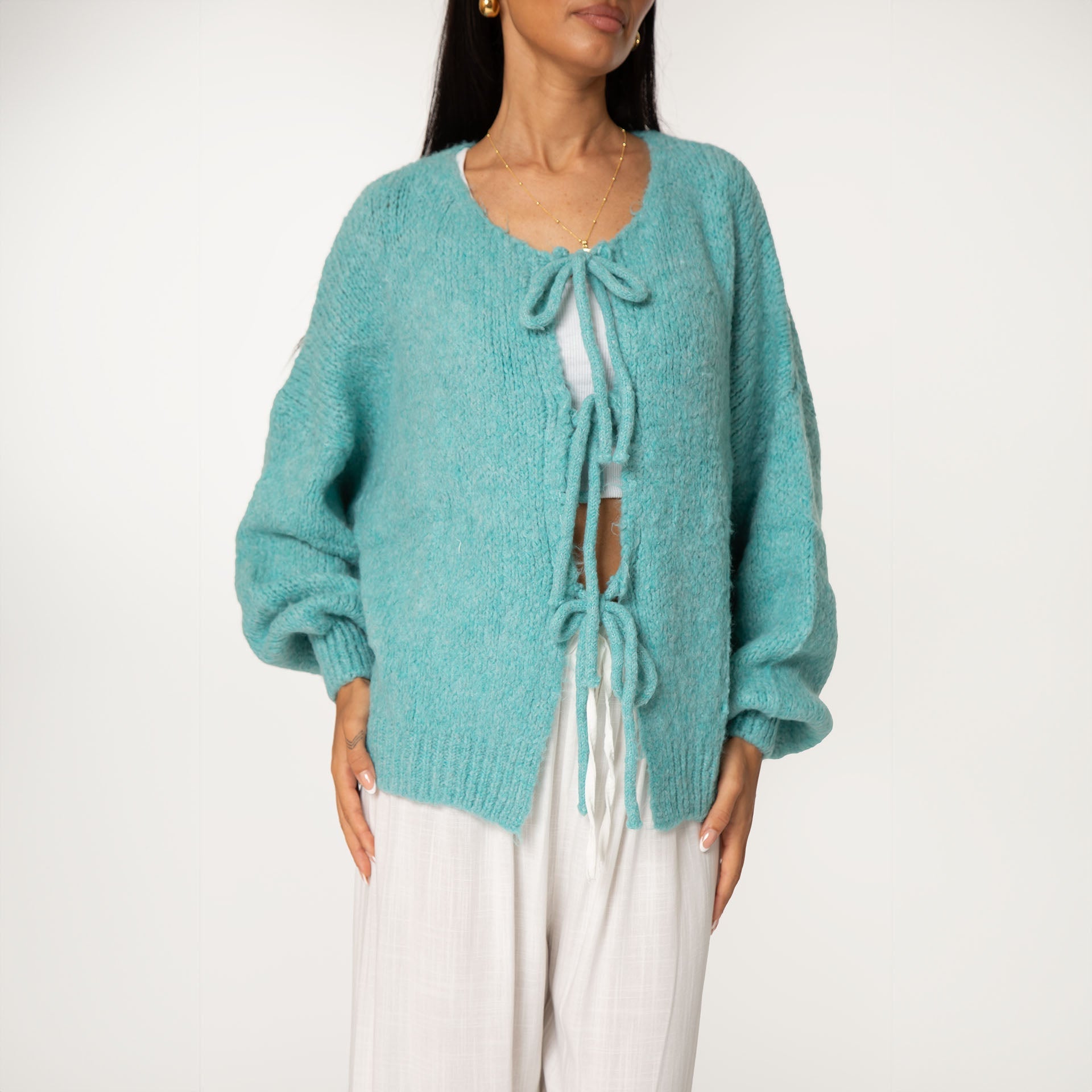 Oversized Cardigan mit Schleifen Türkis - JEWELINA